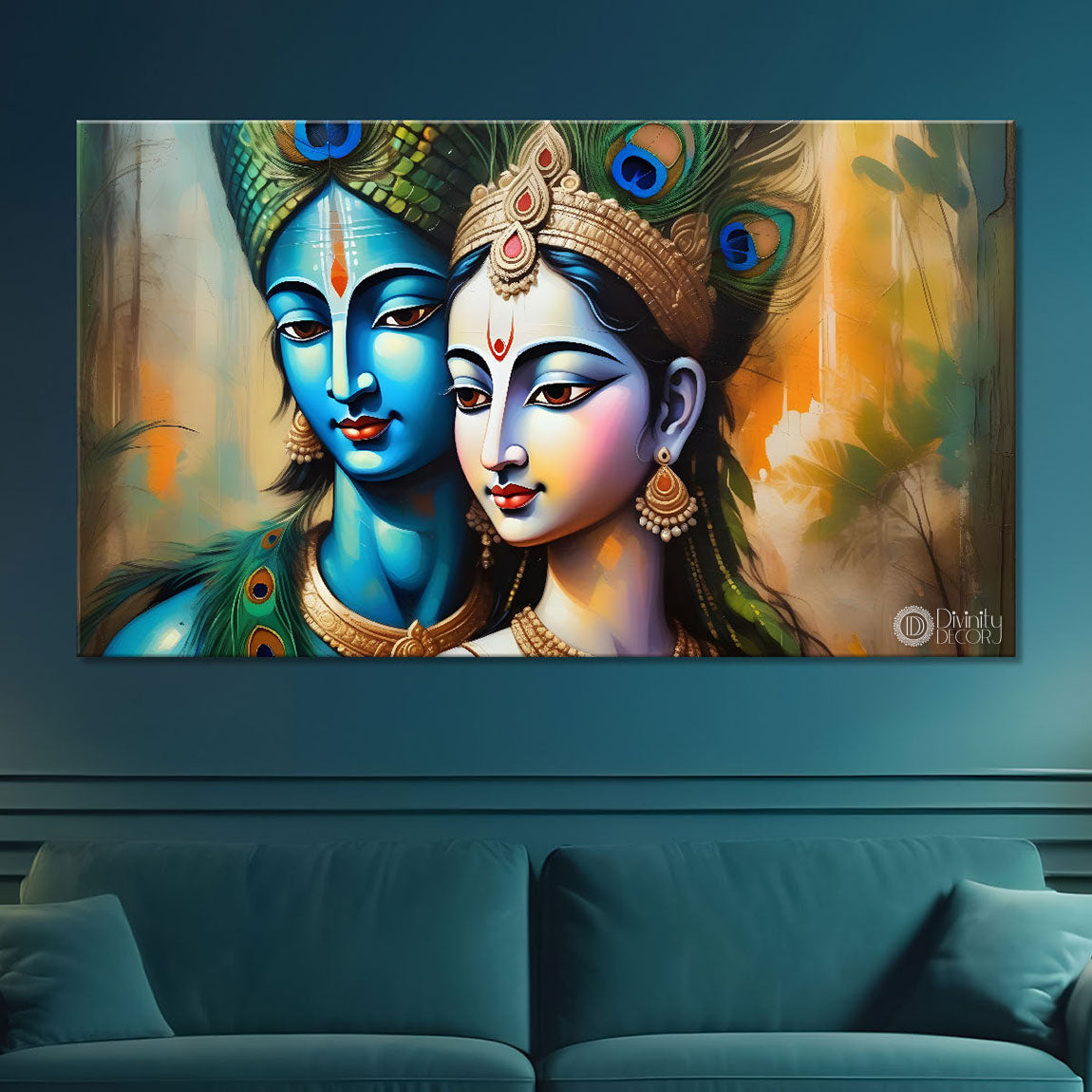 Blue face Krishna and Radha with yellow background painting Canvas Painting - Design - Krishna-15