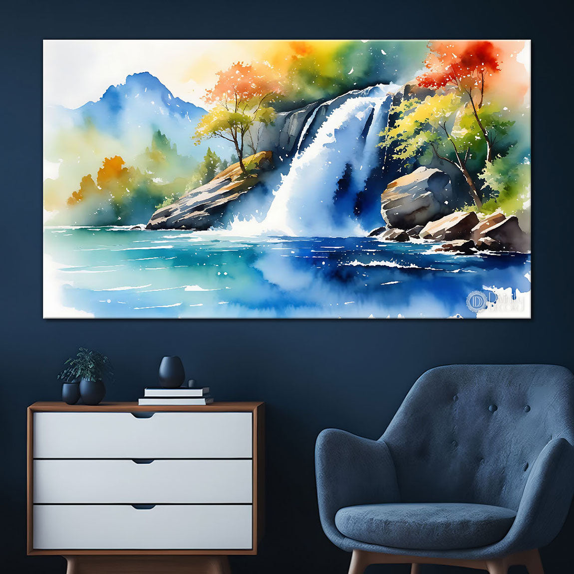Waterfall with greenery and mountains in textured water color painting Canvas Painting - Nature Art -15