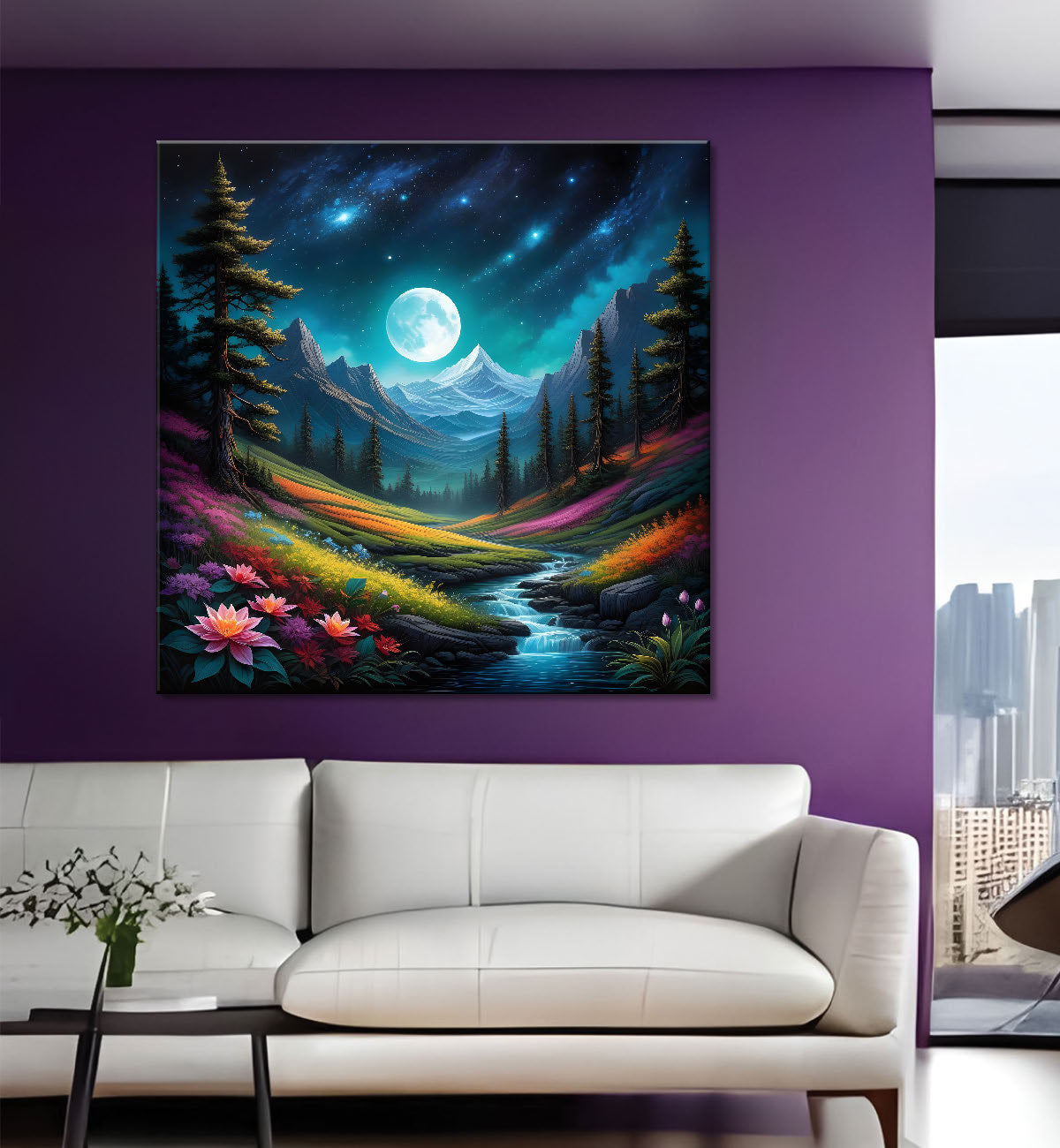 Natural art painting of mountains, river with beautiful flowers and moon Canvas Painting 24X24- Nature Art -S-16