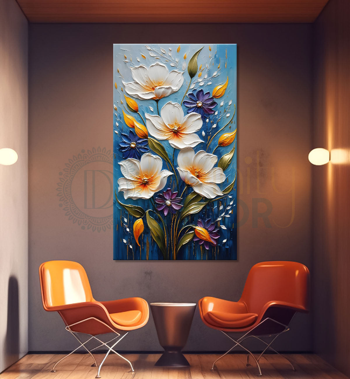 White flowers in blue textured background painting - Flower-V-16