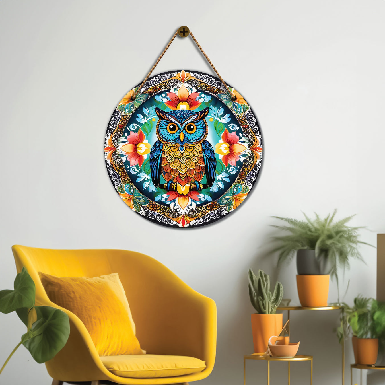 Owl in red and floral mandala Round Wooden Wall Hanging for wall Décor - Design - 16