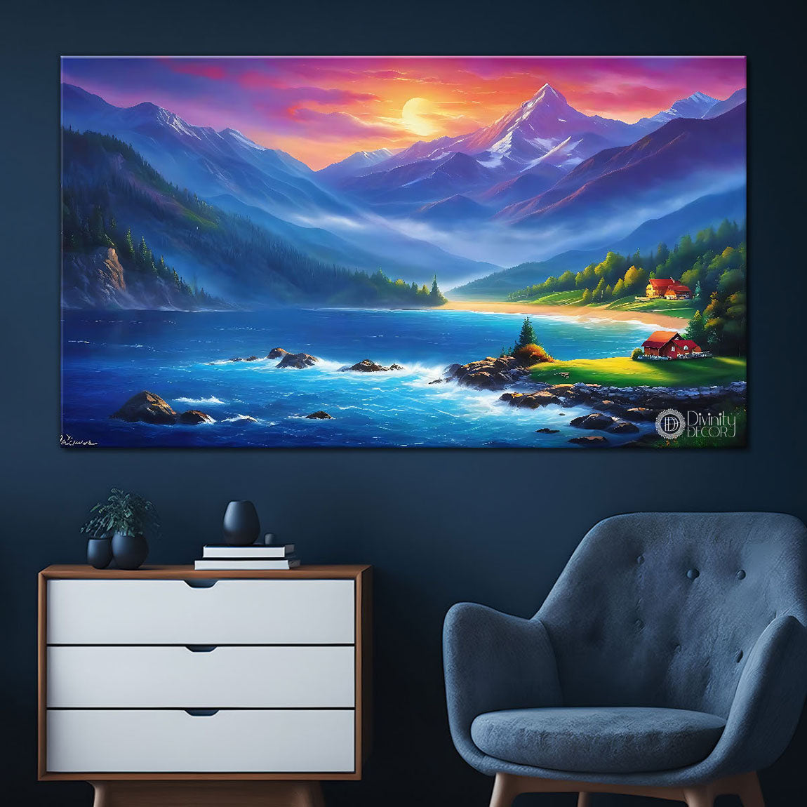 Mountains with lake and sunrise in textured natural art Canvas Painting - Nature Art -16