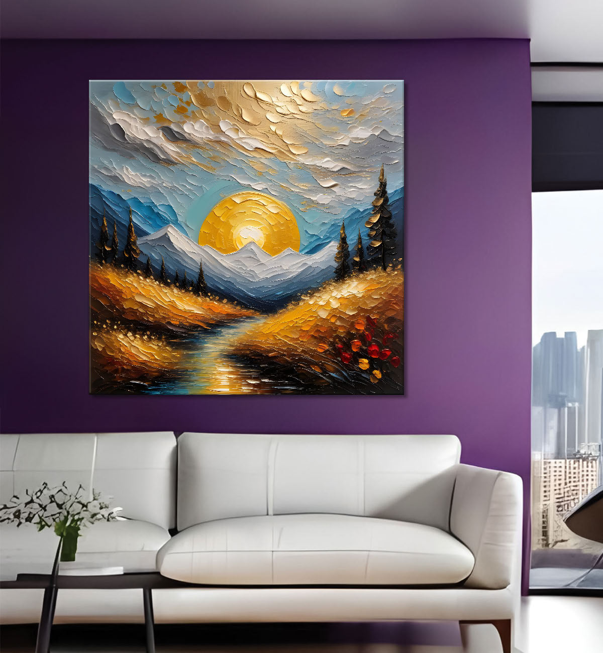 Mountians and lake with sunrise background painting Canvas Painting 24X24 - Nature Art -S-17