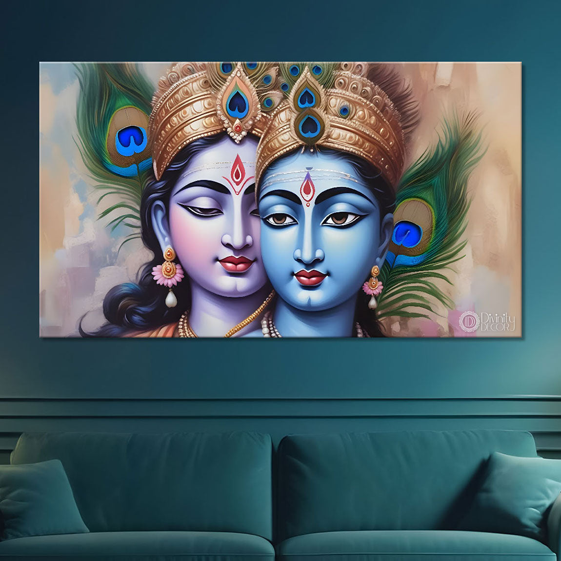 Blue face Krishna and Radha with peacock feather painting Canvas Painting - Design - Krishna-18