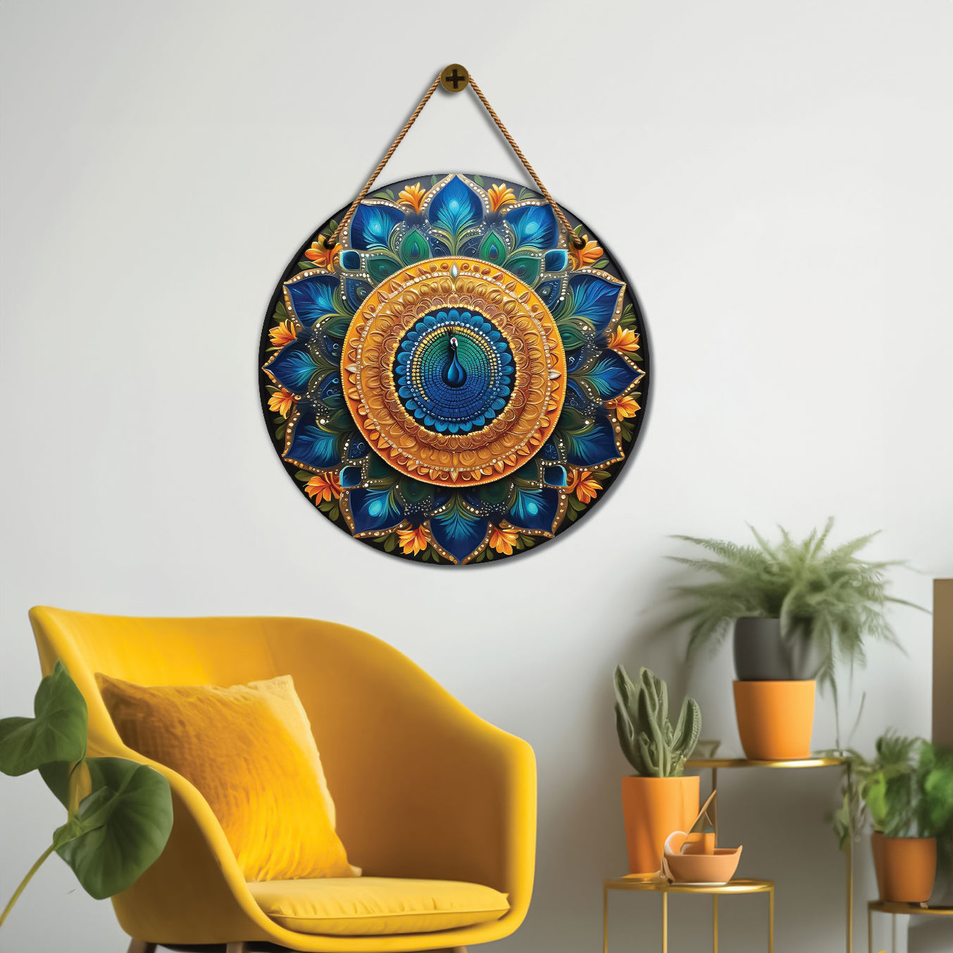 Peacock in blue and golden mandala Round Wooden Wall Hanging for wall Décor - Design - 18