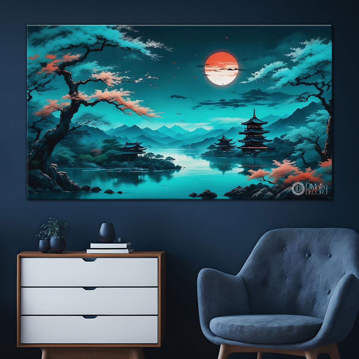 Trees with mountains and lake in aqua green background textured painting Canvas Painting - Nature Art -18