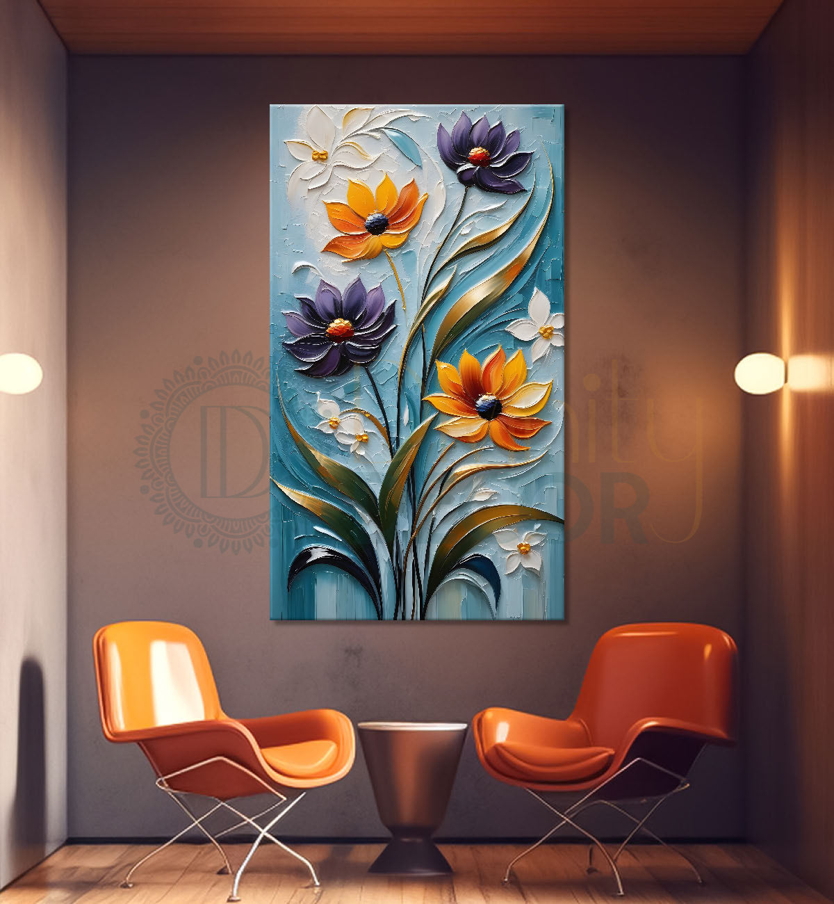 Colourful flowers in blue textured background painting - Flower-V-18