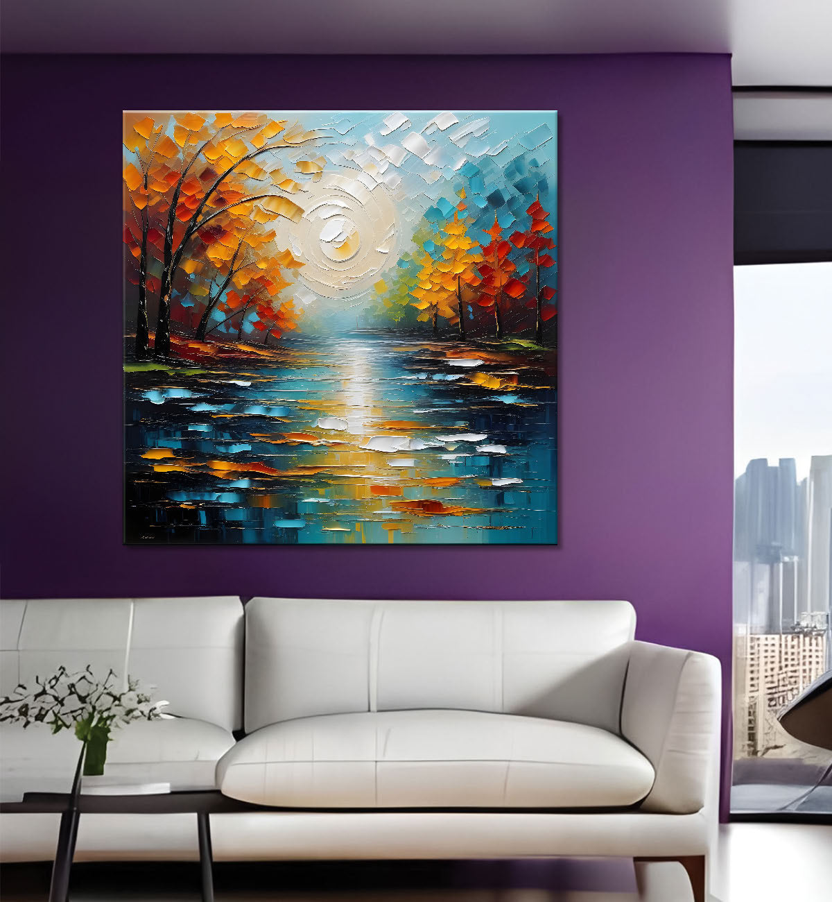 Red-orange tree with colourful lake natural art Canvas Painting 24X24- Nature Art -S-18