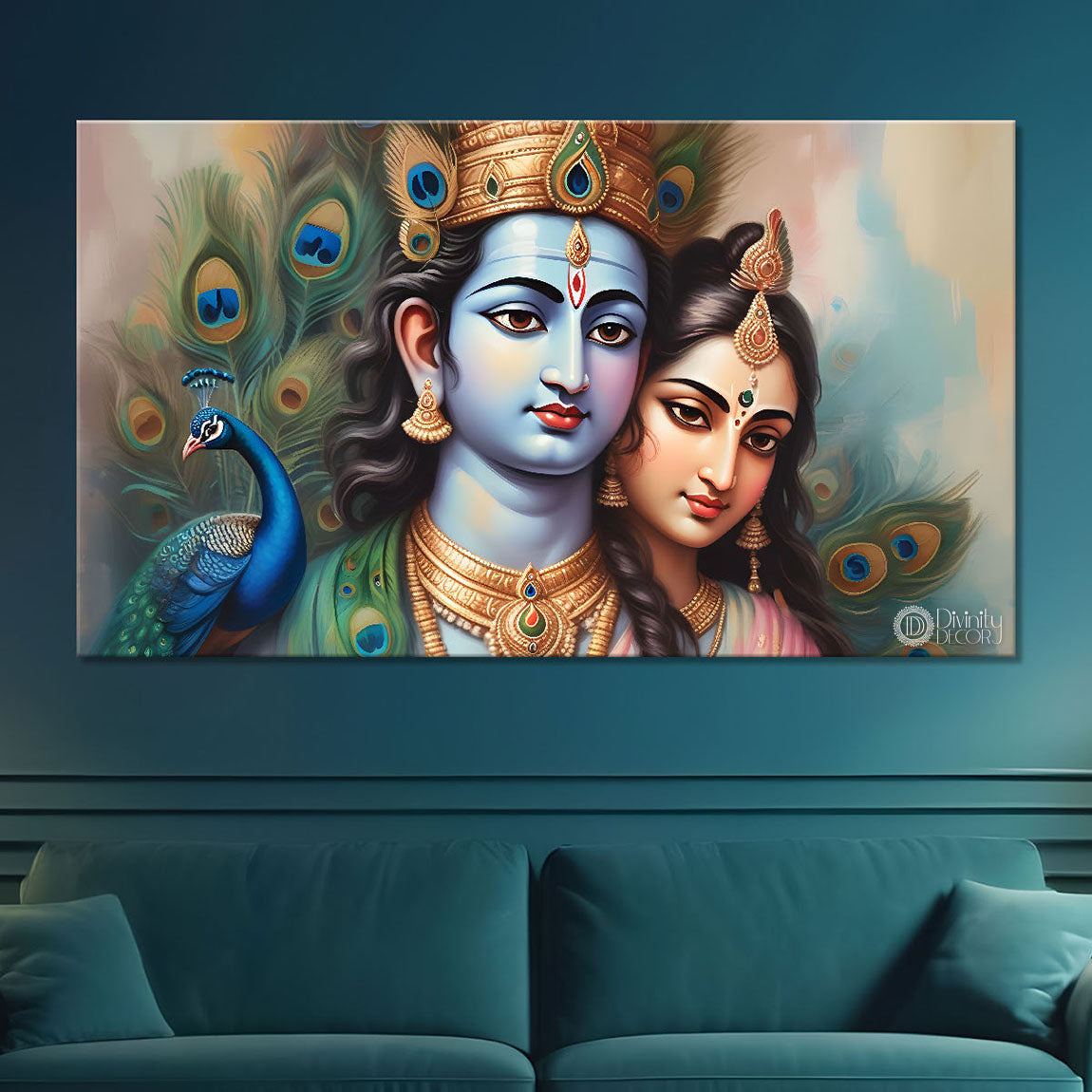 Blue face Krishna and Radha with peacock painting Canvas Painting - Design - Krishna-19