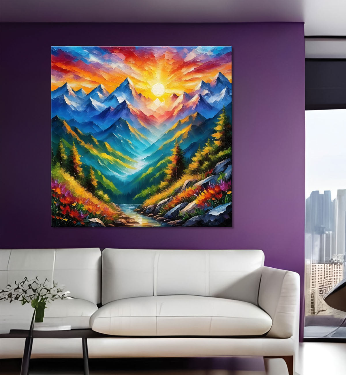 Mountains with greenery in sunrise textured painting Canvas Painting 24X24- Nature Art -S-19