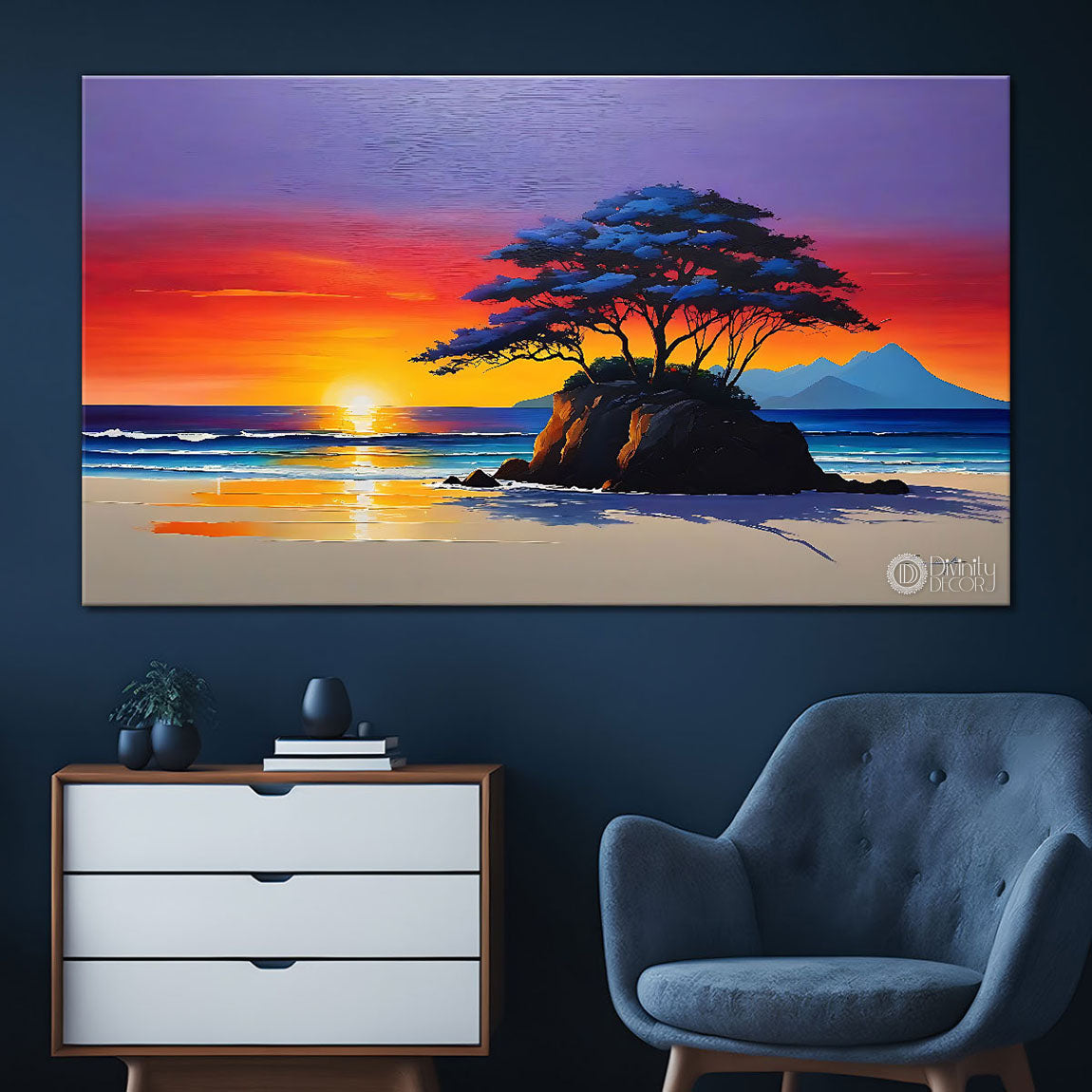 Beach with sunrise and trees in textured painting Canvas Painting - Nature Art -19
