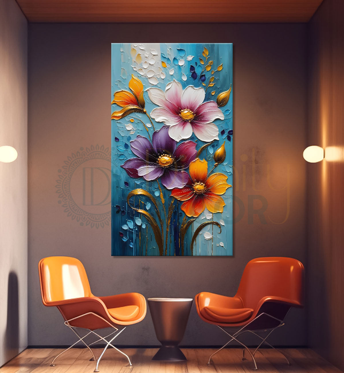 Colourful flowers in blue textured background painting - Flower-V-19