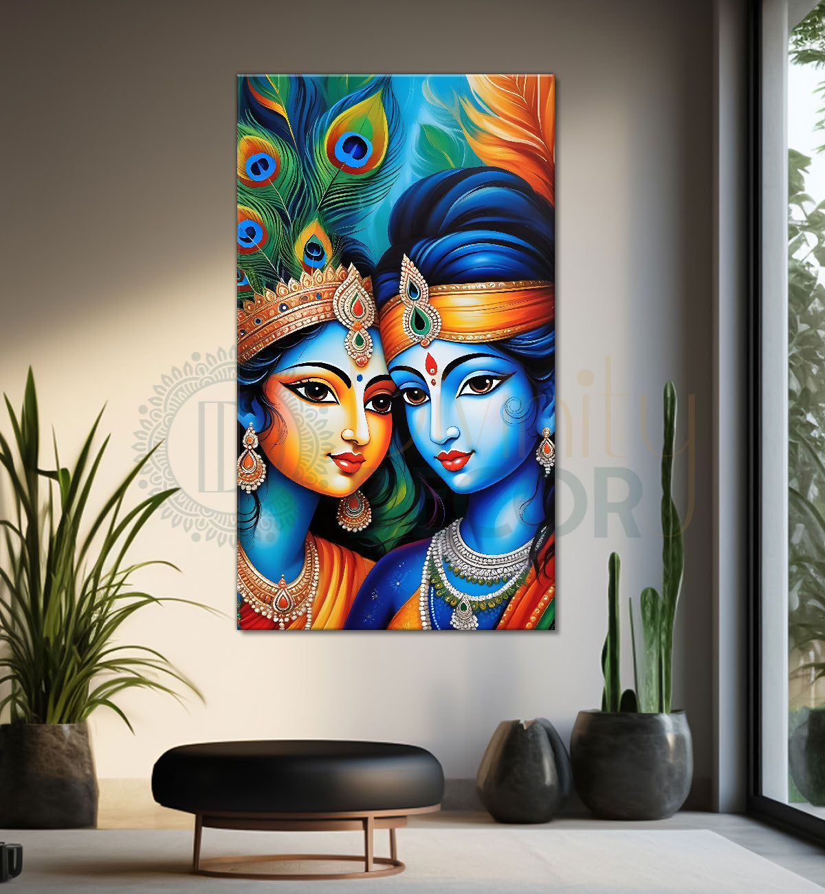 Blue face of krishna with radha in orange background textured art  Canvas Painting - Design - Krishna-V-1