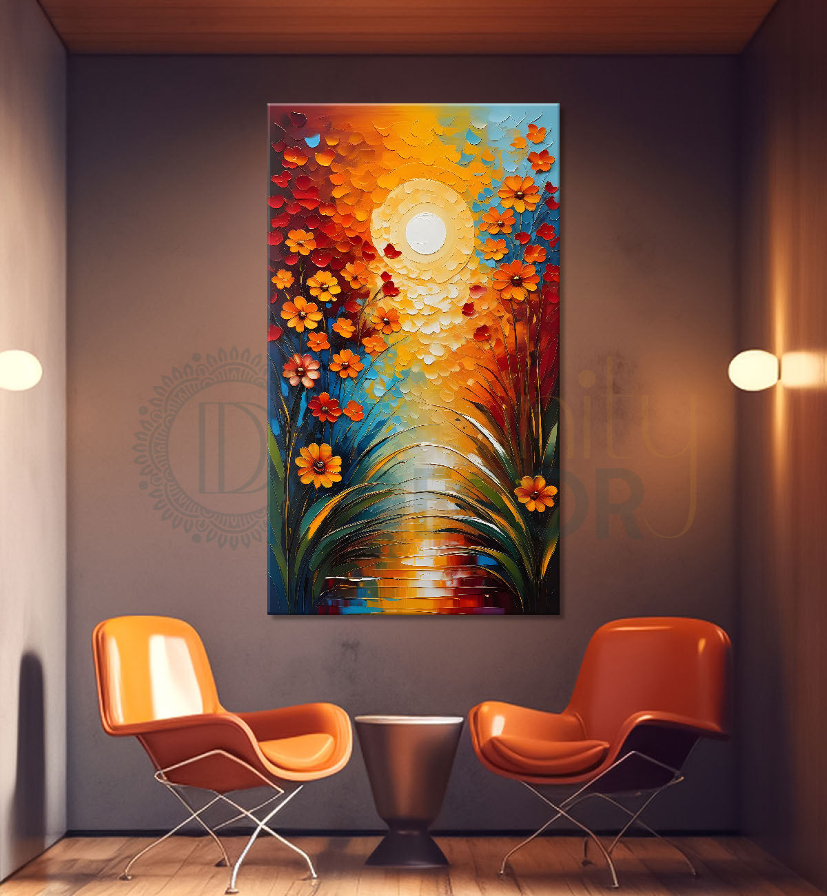 Orange flowers with sunrise textured painting - Flower-V-20