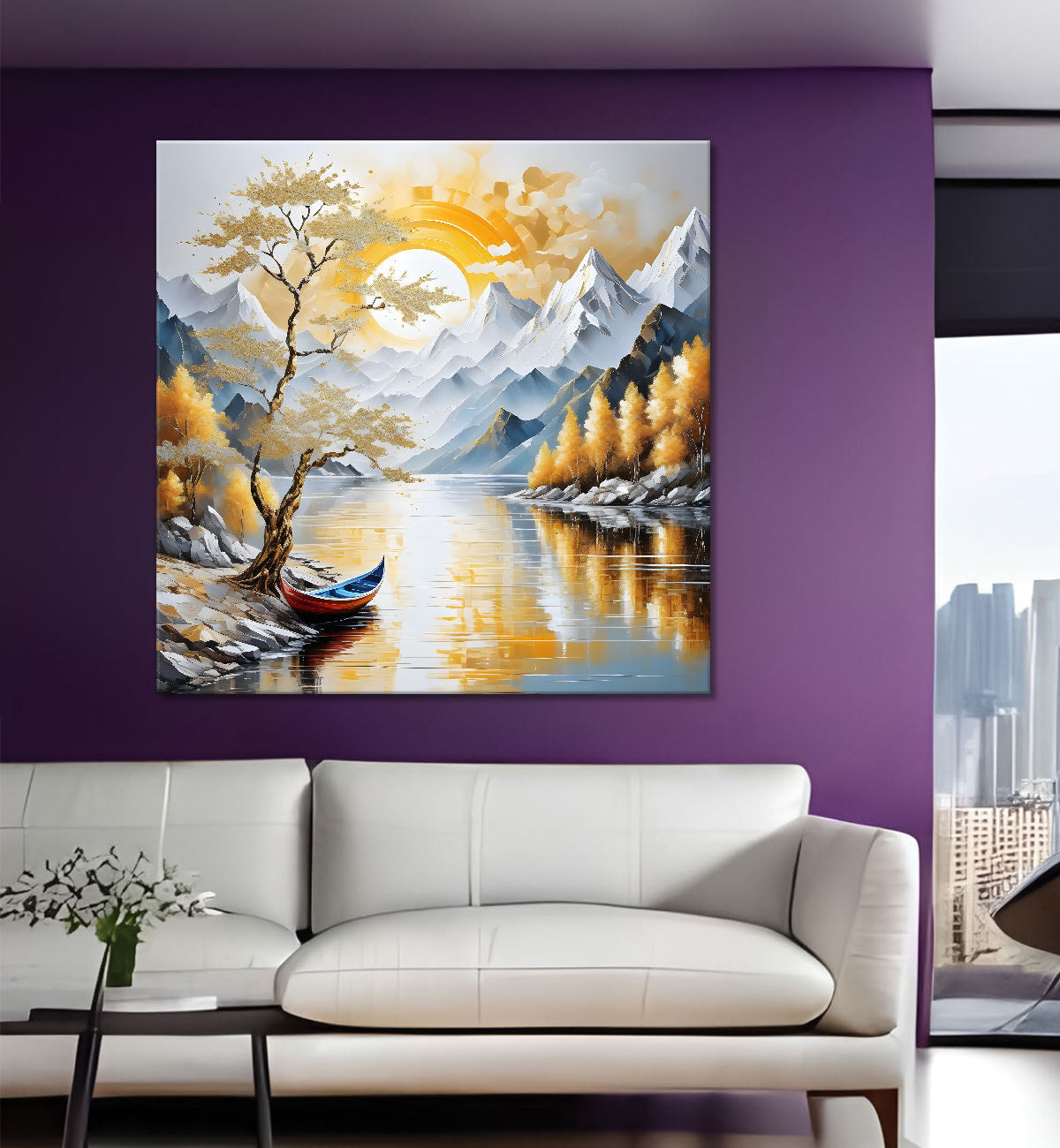 Golden tree with river and mountains in light background painting Canvas Painting 24X24 - Nature Art -S-20