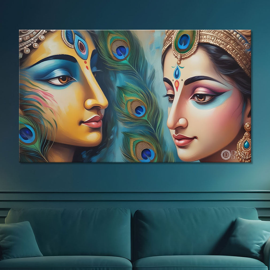 Radha and Krishna face with peacock feathers texture painting Canvas Painting - Design - Krishna-21