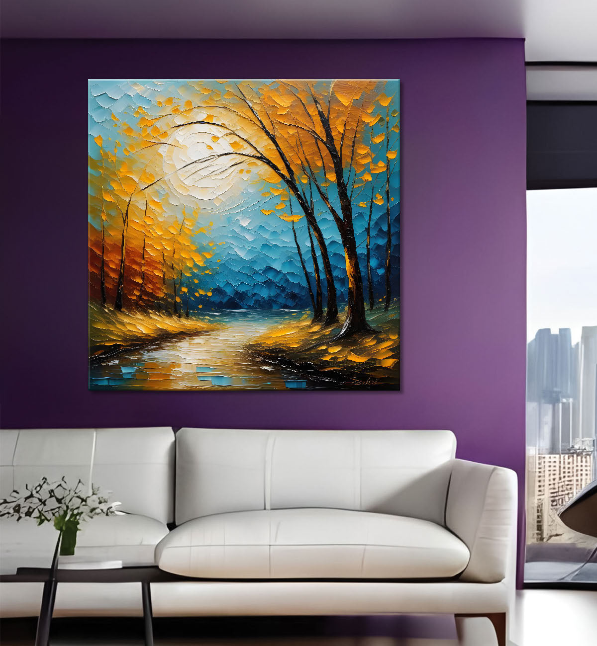 Orange tree with sun in blue textured background Canvas Painting 24X24- Nature Art -S-21