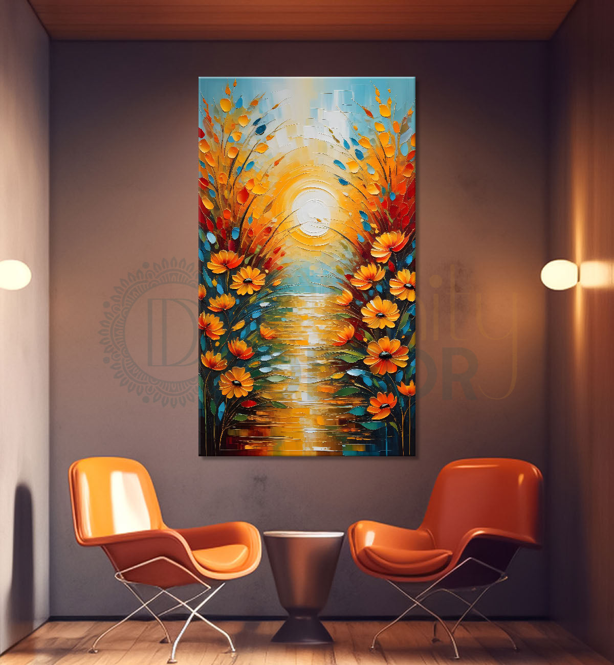 Orange flowers with sunrise textured painting - Flower-V-21