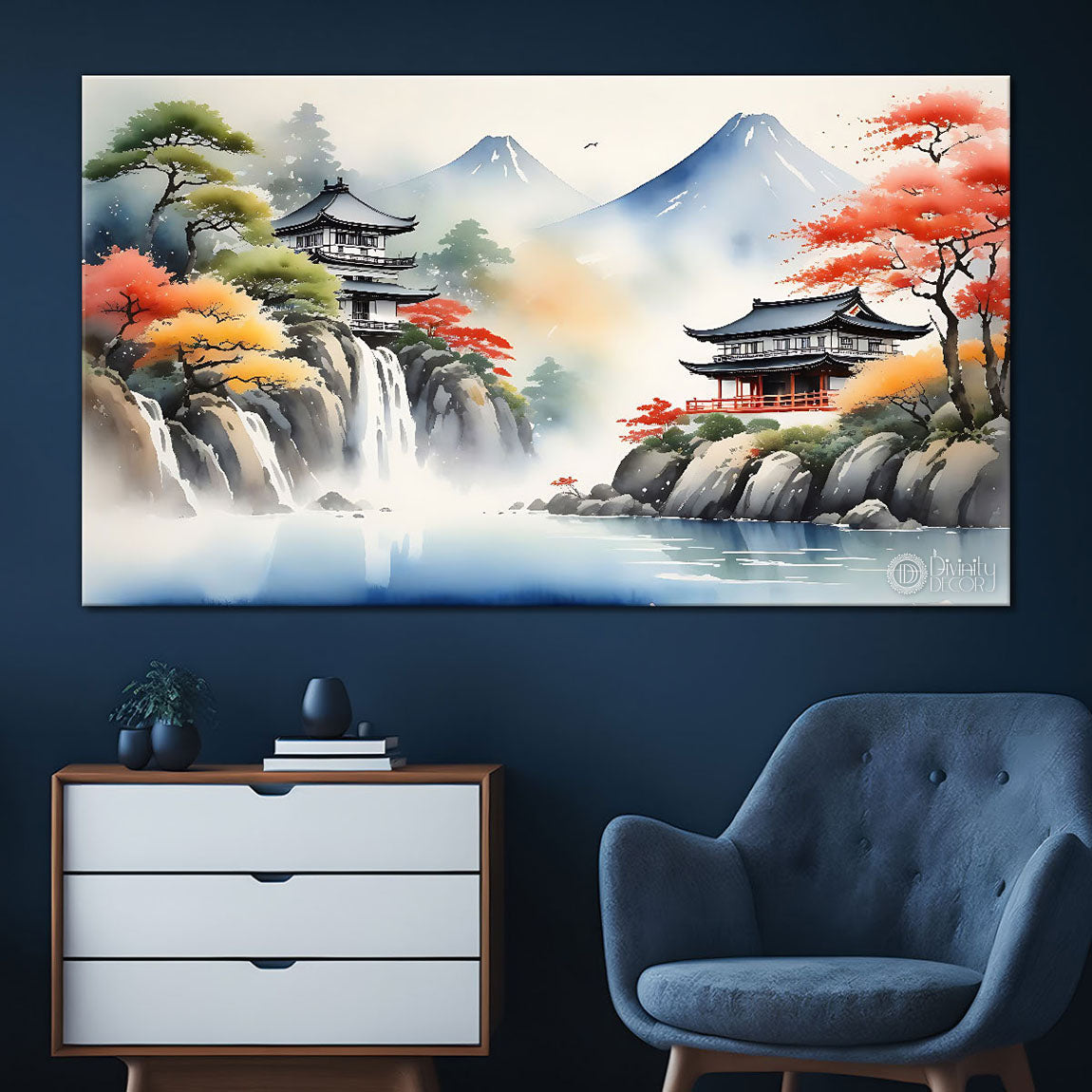 Waterfall with greenery and mountains in textured water color painting Canvas Painting - Nature Art -21