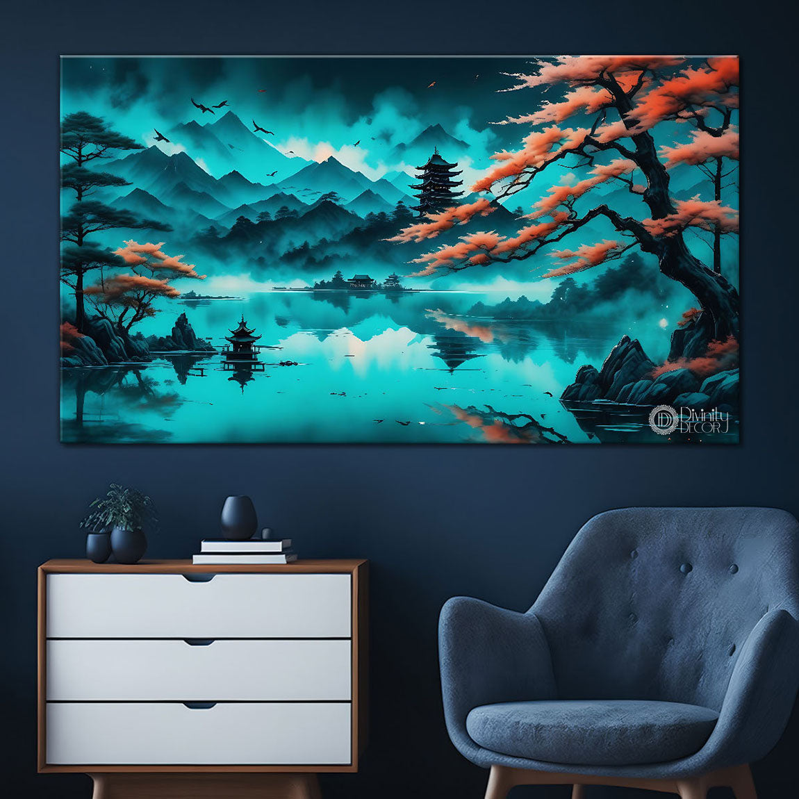 Orange tree with aqua green background textured natural scenery art Canvas Painting - Nature Art -22