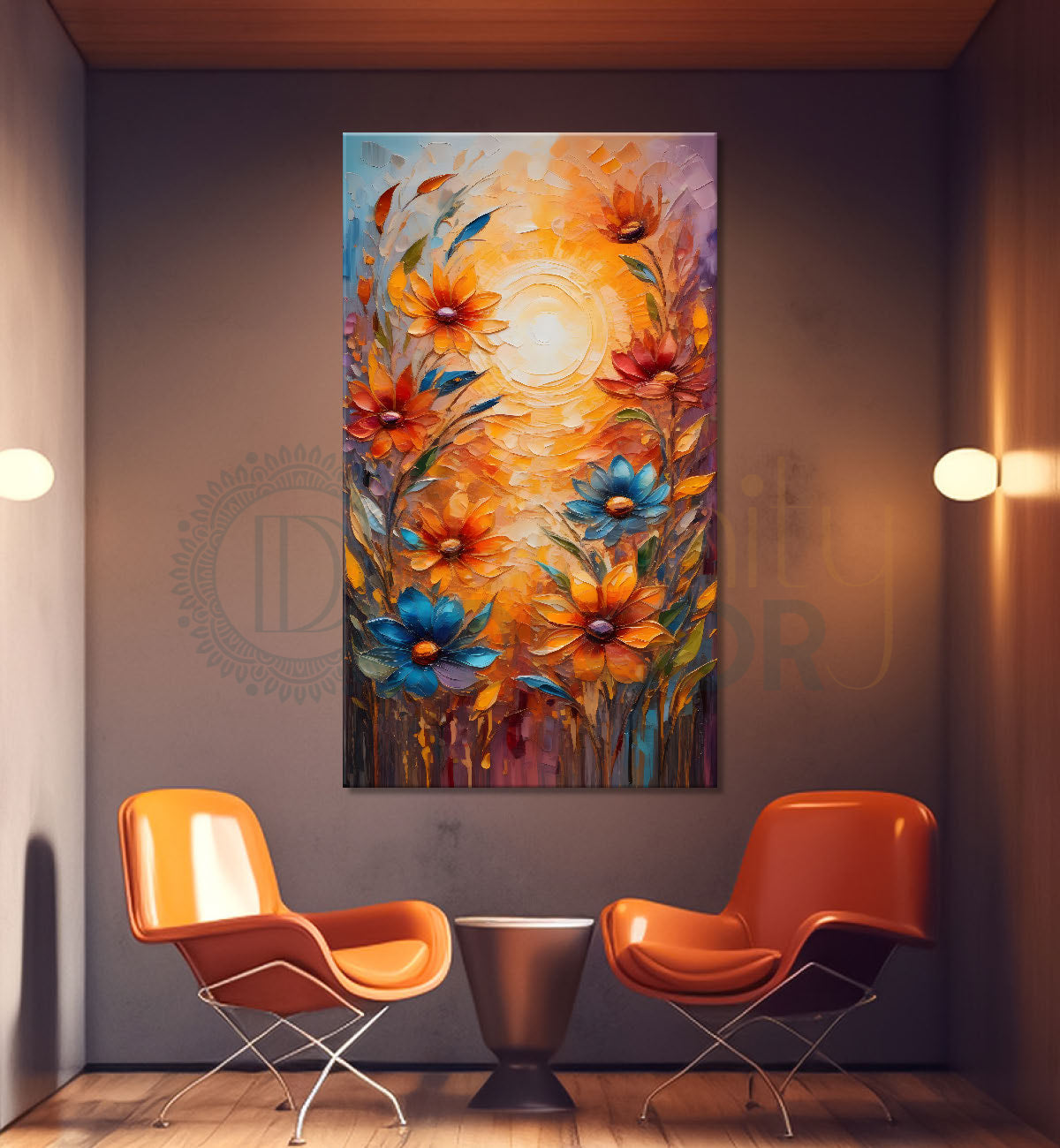 Orange flowers with sunrise textured painting - Flower-V-22