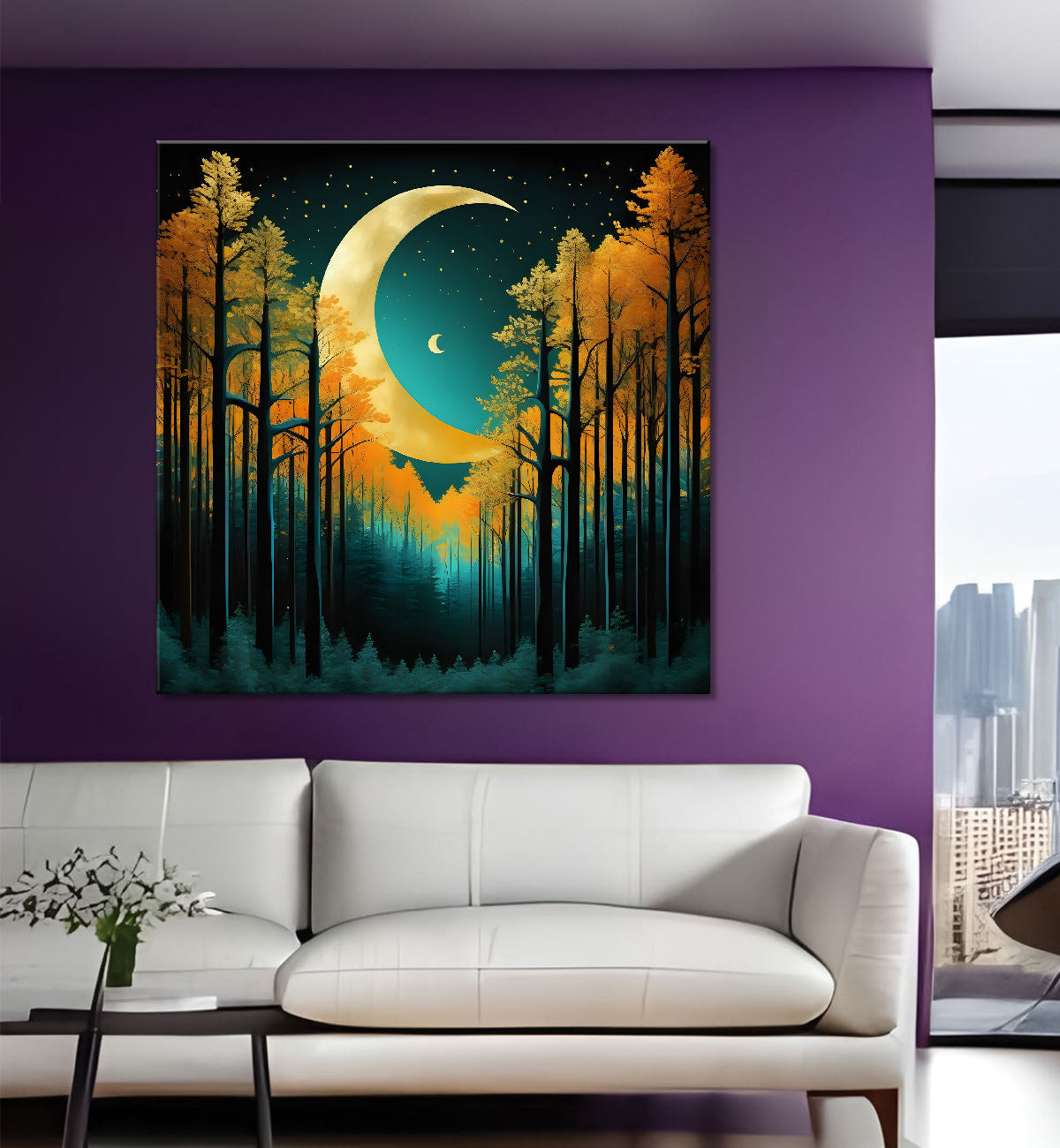 Orange tree with moon in dark green background natural art Canvas Painting 24X24- Nature Art -S-22