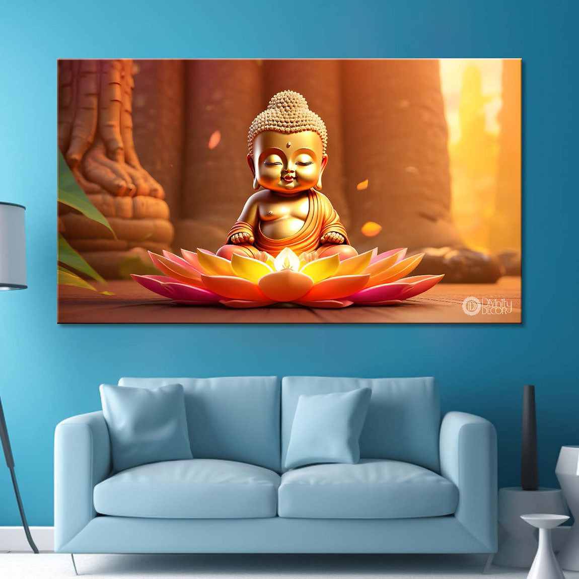 Golden baby buddha with orange background painting Canvas Wall Painting - Buddha-23