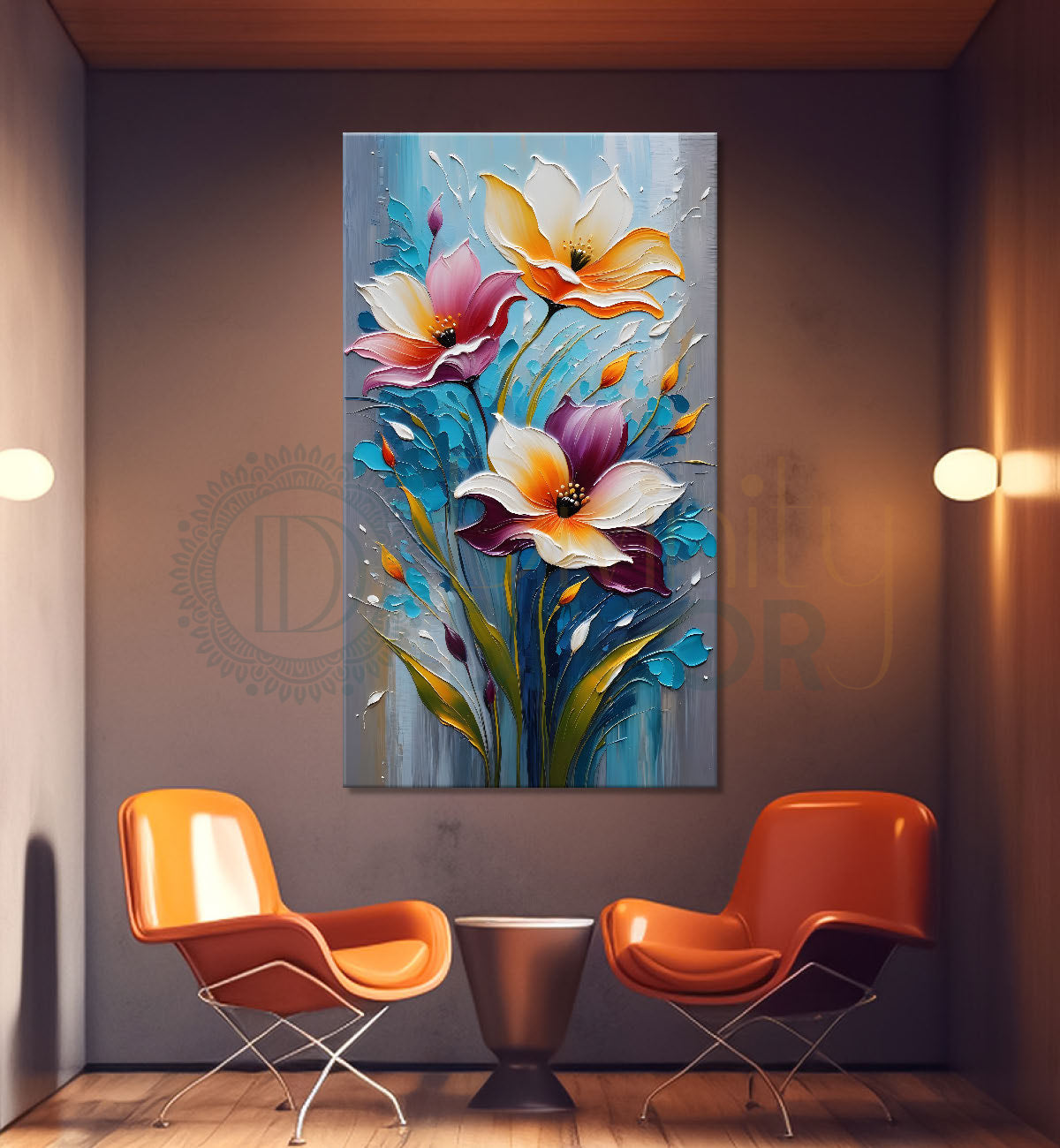 Pink flowers in blue textured background painting- Flower-V-23