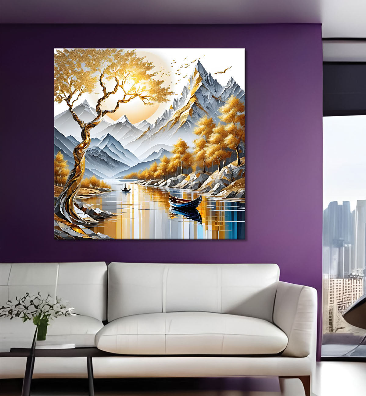 Golden tree with river and mountains in light background painting Canvas Painting 24X24 - Nature Art -S-23