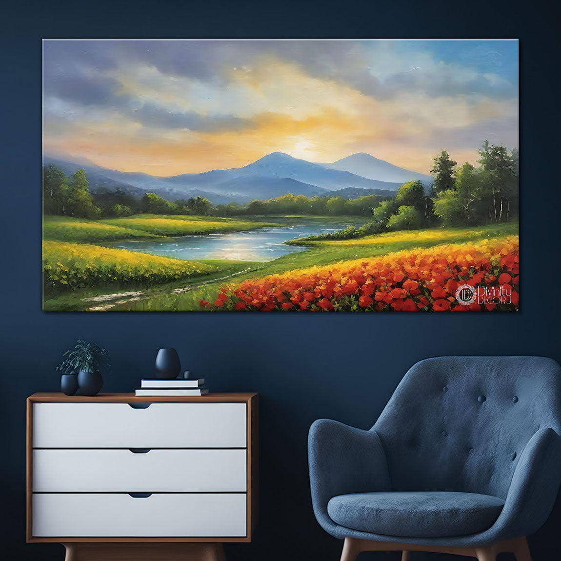 Mountains with greenery and orange flowers with beautiful sky textured water color painting Canvas Painting - Nature Art -23