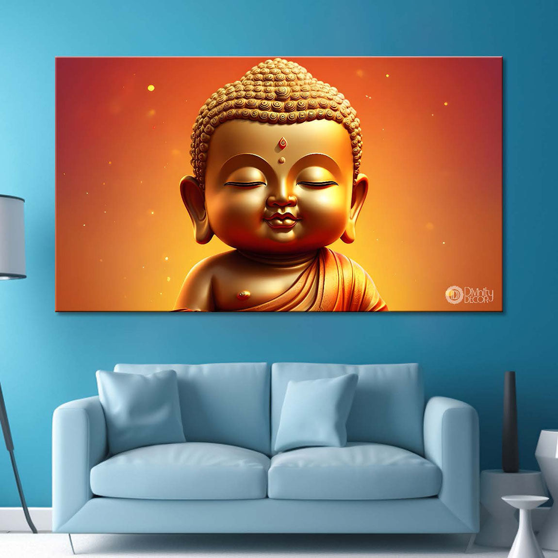 Golden baby buddha with orange background painting Canvas Wall Painting - Buddha-24