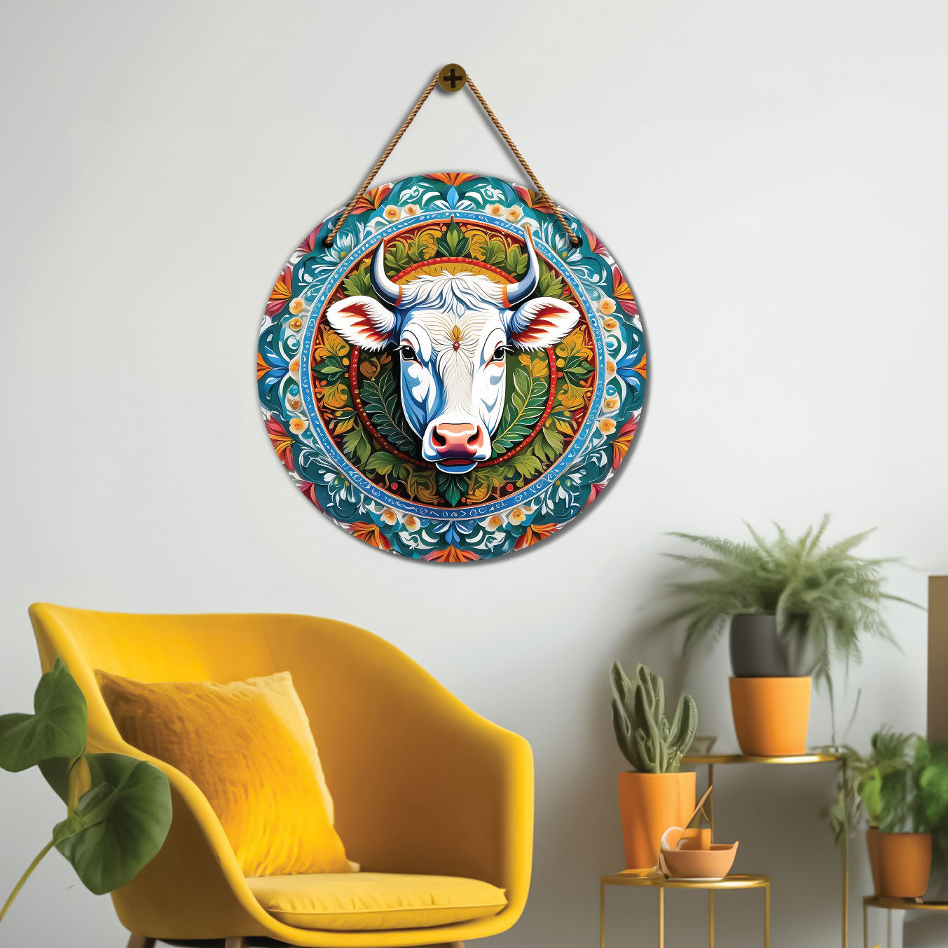 Cow in blue and orange mandala Round Wooden Wall Hanging for wall Décor - Design - 24