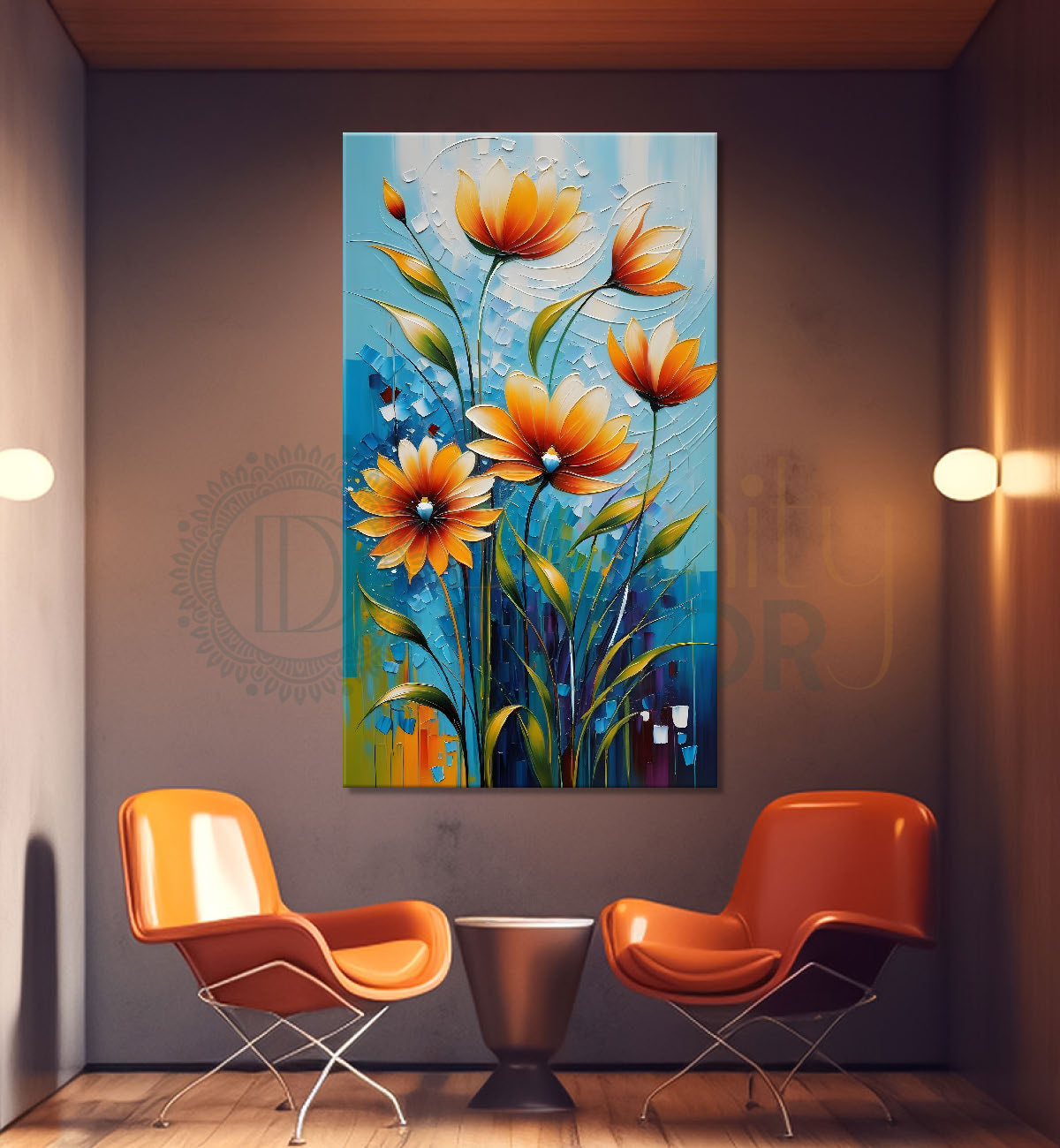 Orange flowers in blue textured background painting - Flower-V-24