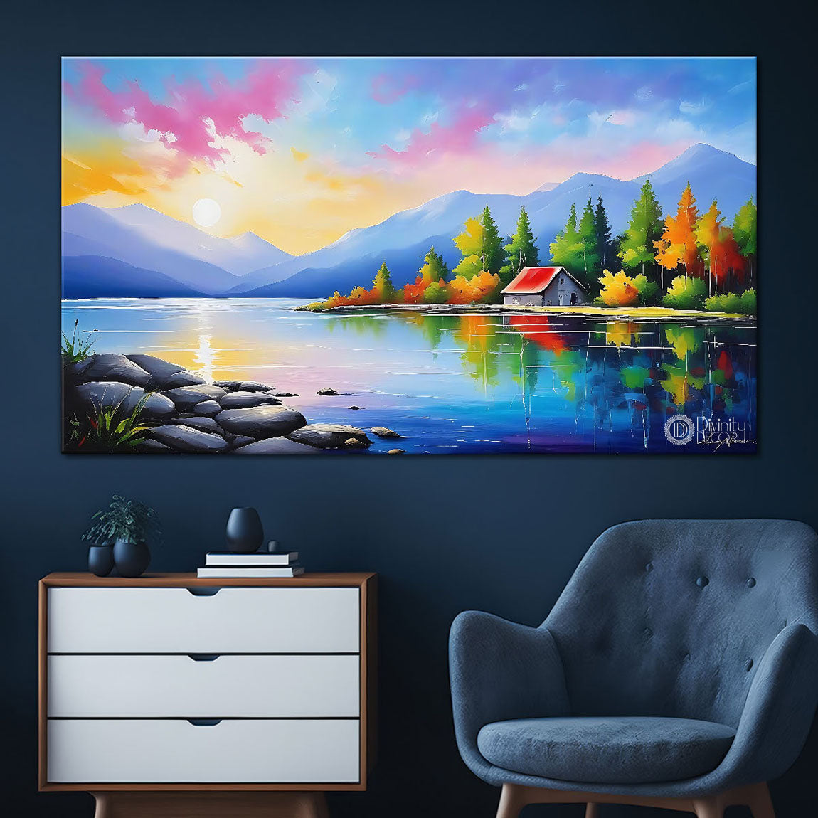 Mountains with house on greenery and river in textured natural art Canvas Painting - Nature Art -24