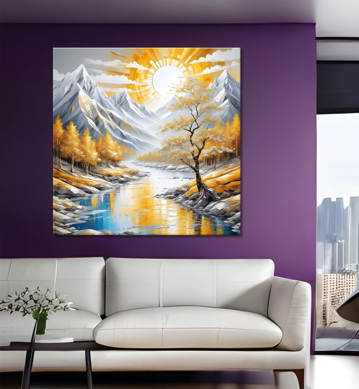 Colourful tree with lake in textured natural art painting Canvas Painting 24X24- Nature Art -S-24