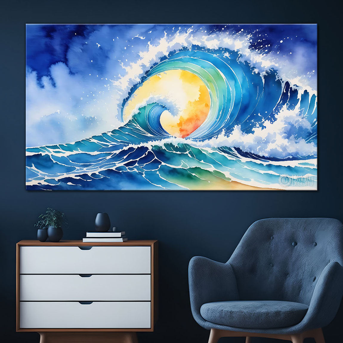 Waves with sun in textured natural art Canvas Painting - Nature Art -25