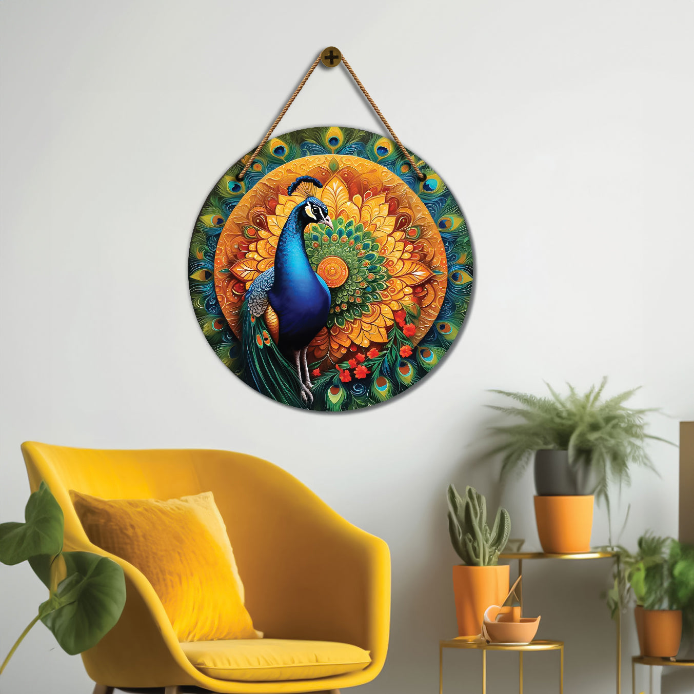 Peacock in green and mandala Round Wooden Wall Hanging for wall Décor - Design - 25