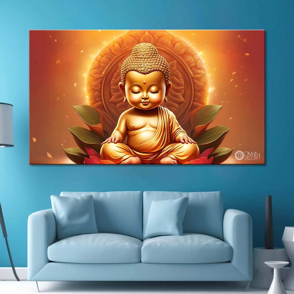 Golden baby buddha with orange background painting Canvas Wall Painting - Buddha-25