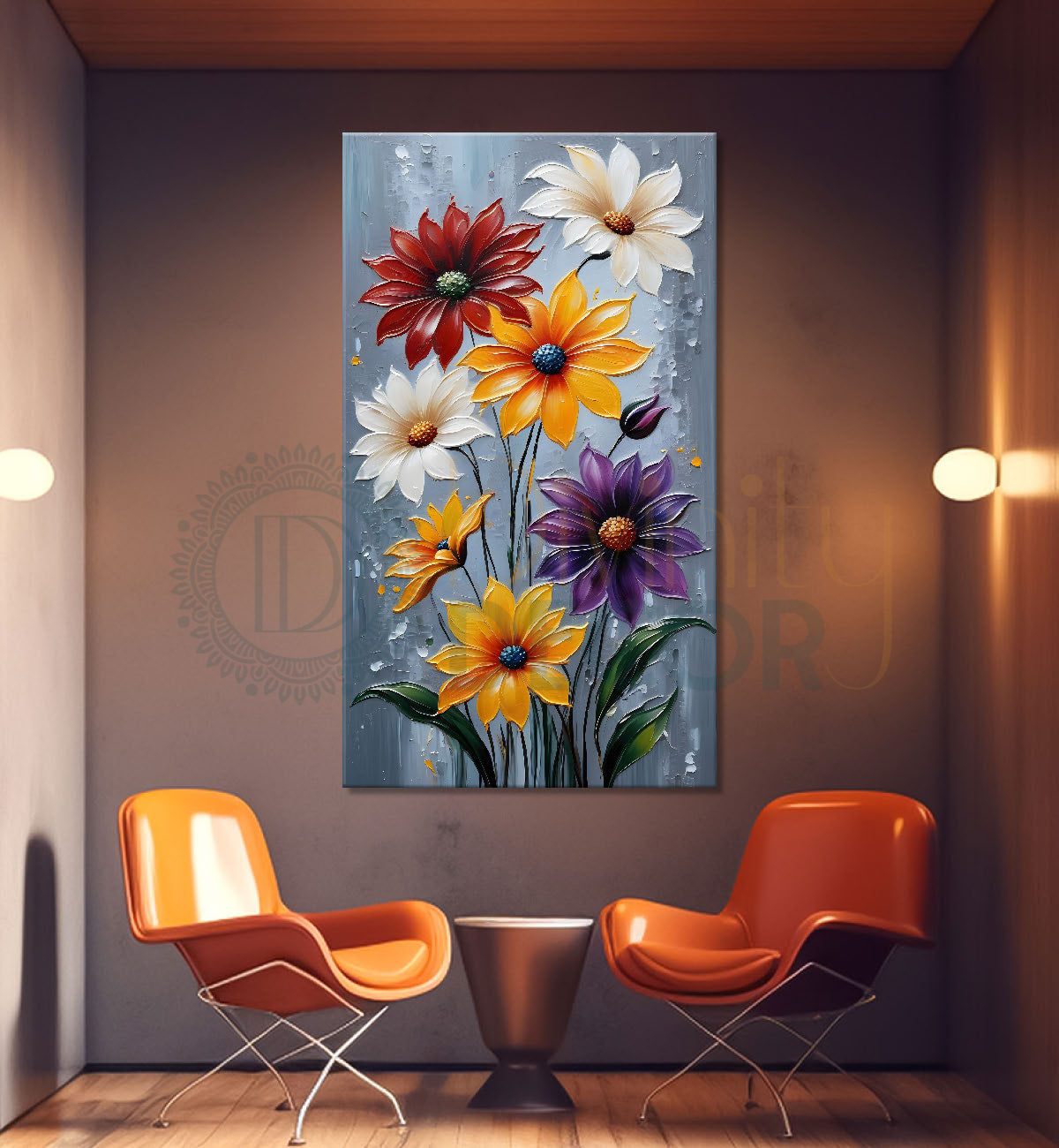 Colourful flowers in grey textured background painting - Flower-V-25
