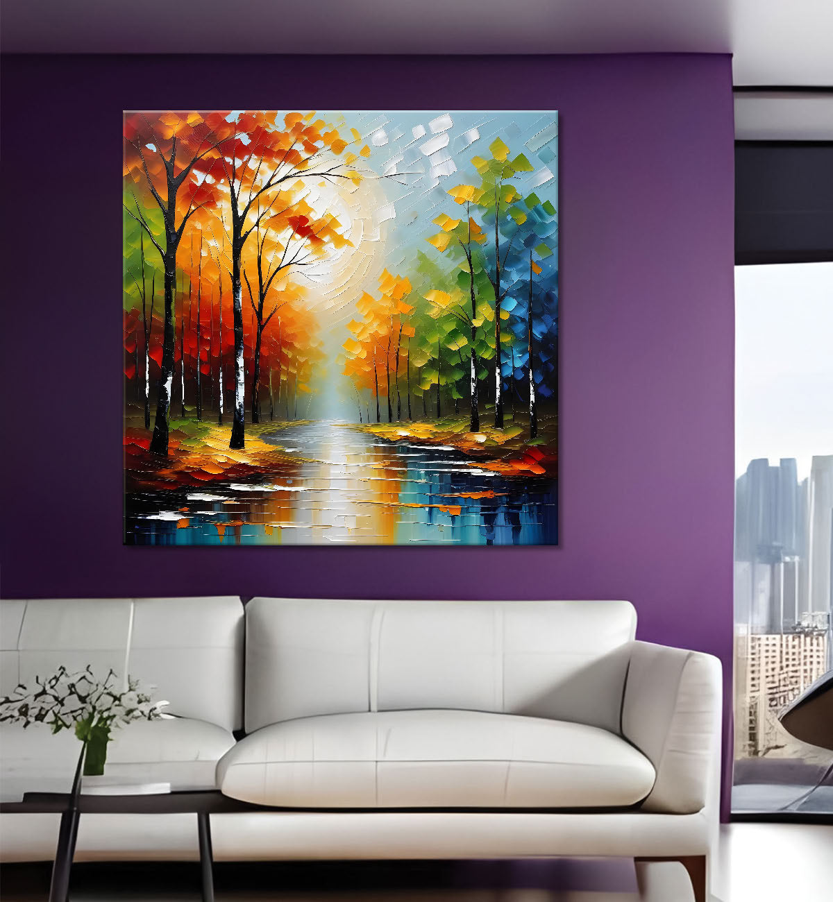 Colourful tree with lake in textured natural art painting Canvas Painting 24X24- Nature Art -S-25