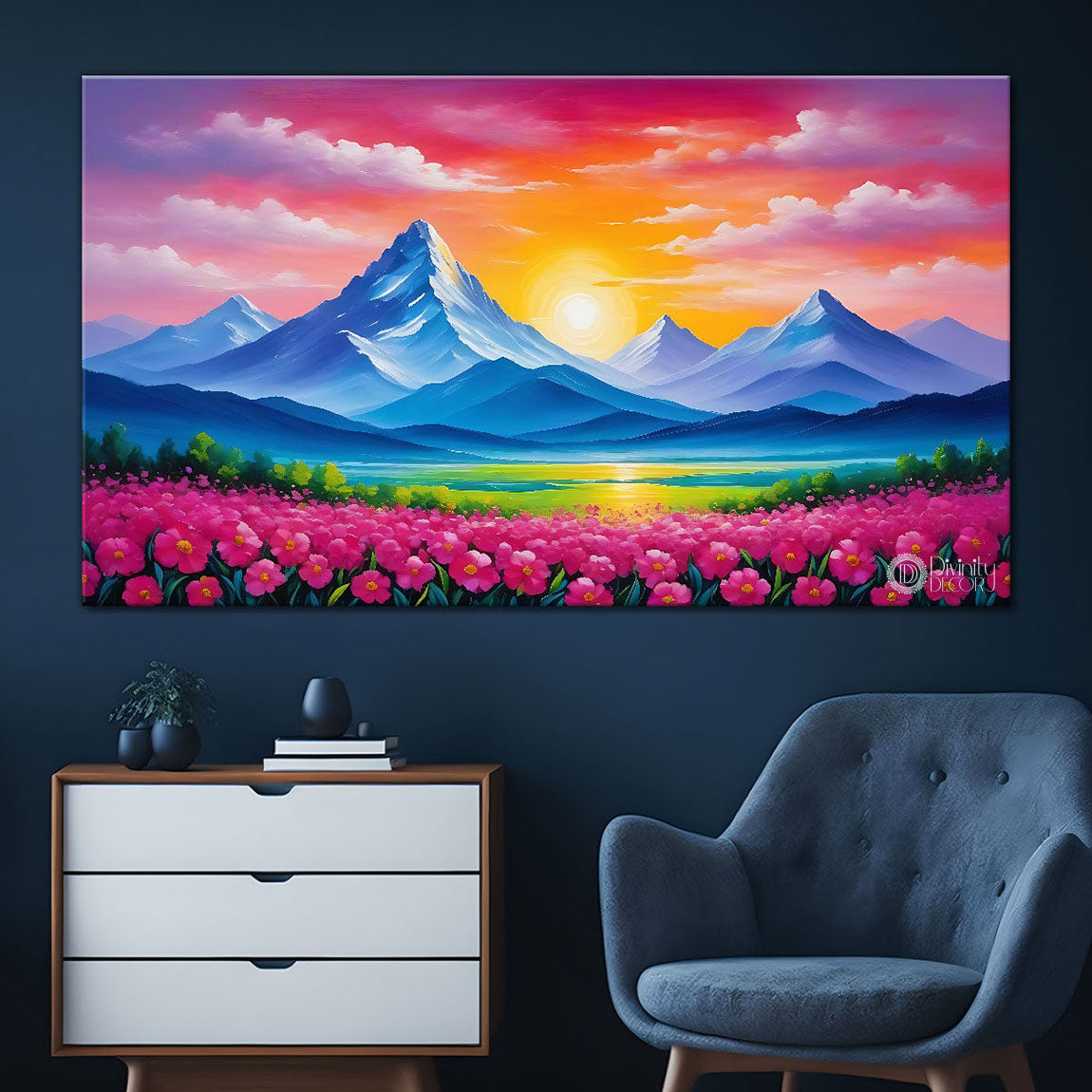 Mountains with pink sky and flowers in textured natural scenery art painting Canvas Painting - Nature Art -26