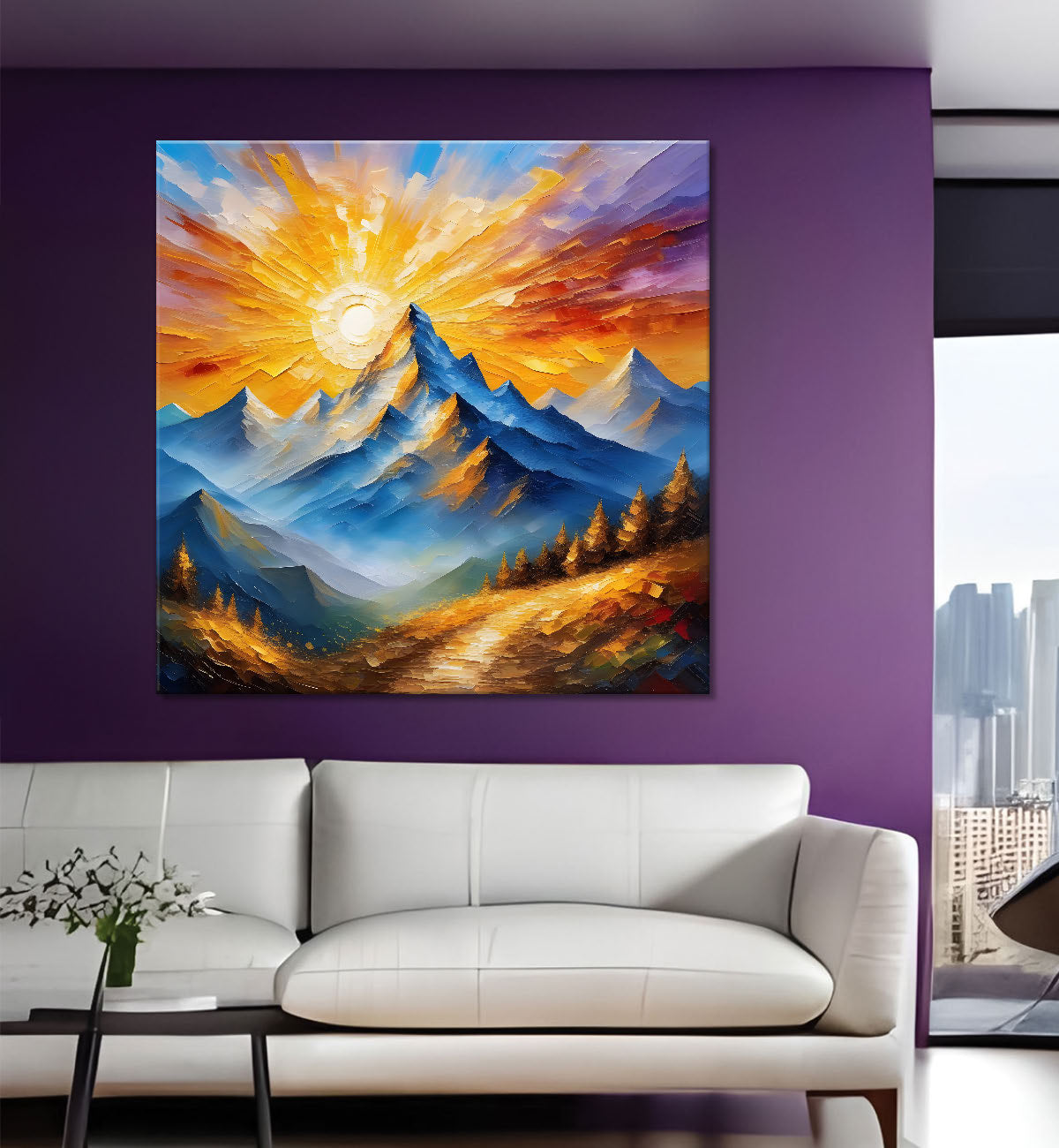 Mountains with sunrise textured painting Canvas Painting 24X24- Nature Art -S-26