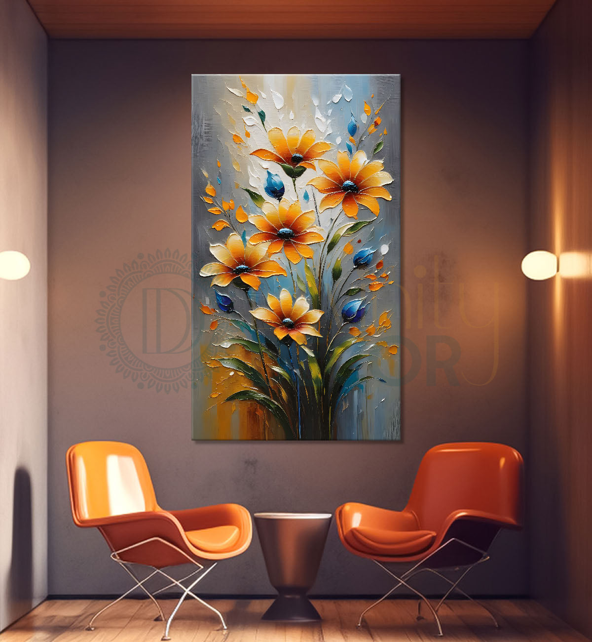 Yellow flowers in grey textured background painting - Flower-V-26