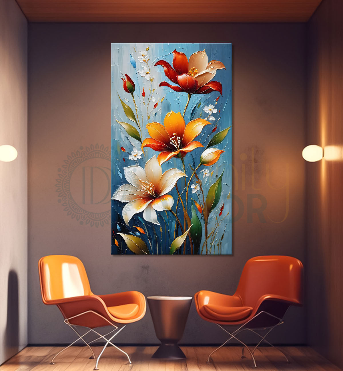 Colourful flowers in blue textured background painting - Flower-V-27