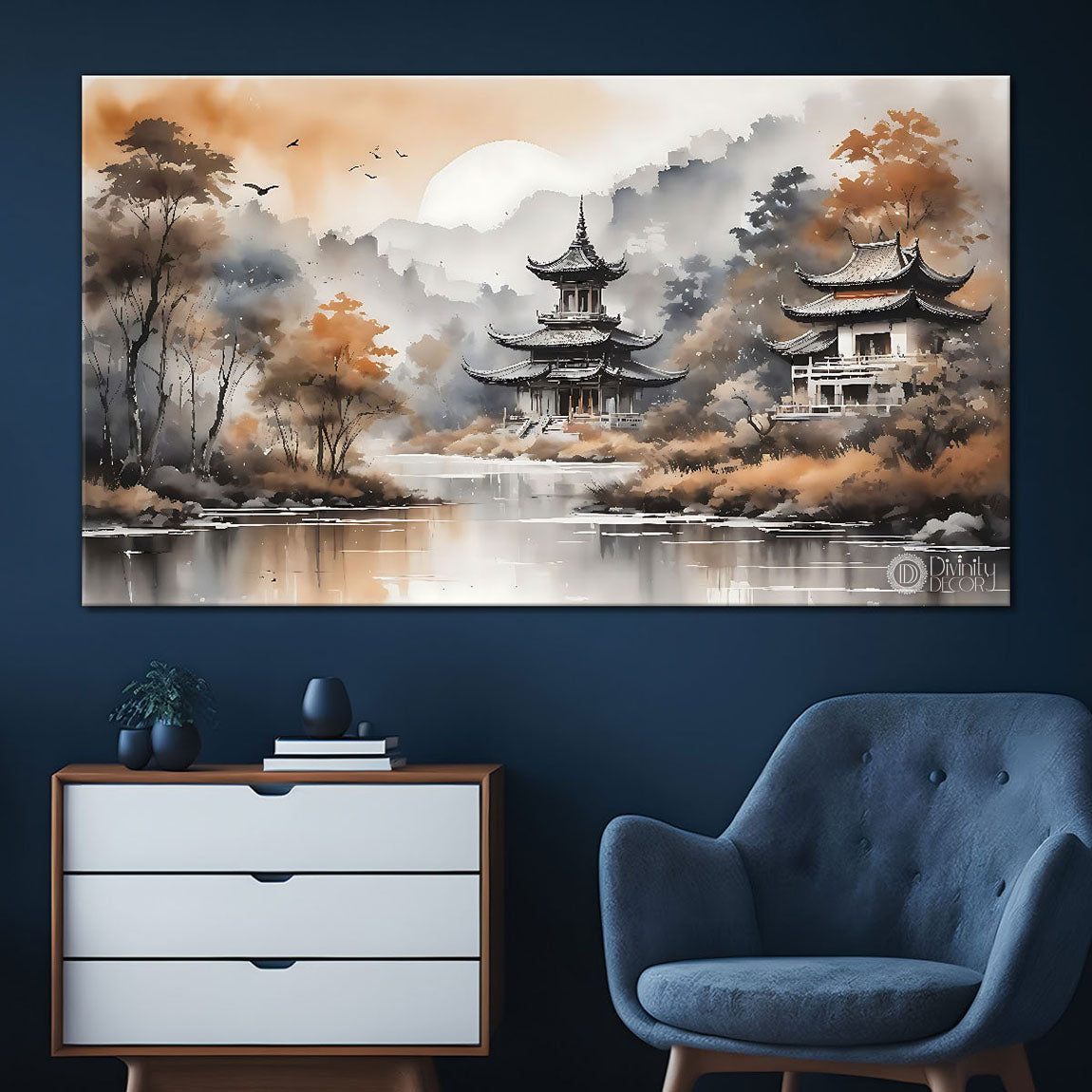Golden trees and temple with grey and white detailing natural art Canvas Painting - Nature Art -27