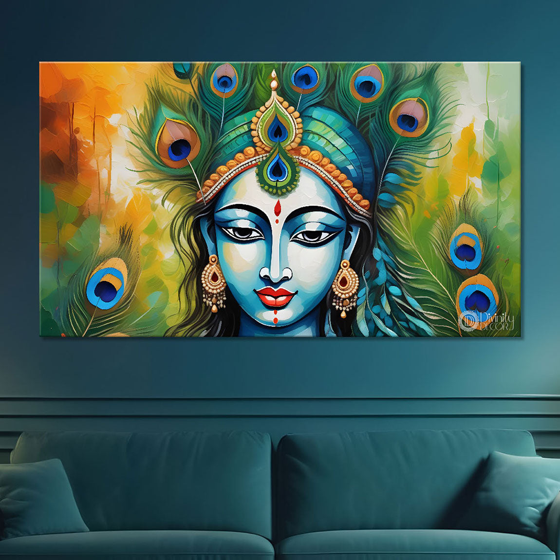Blue face Krishna with peacock feathers painting Canvas Painting - Design - Krishna-27