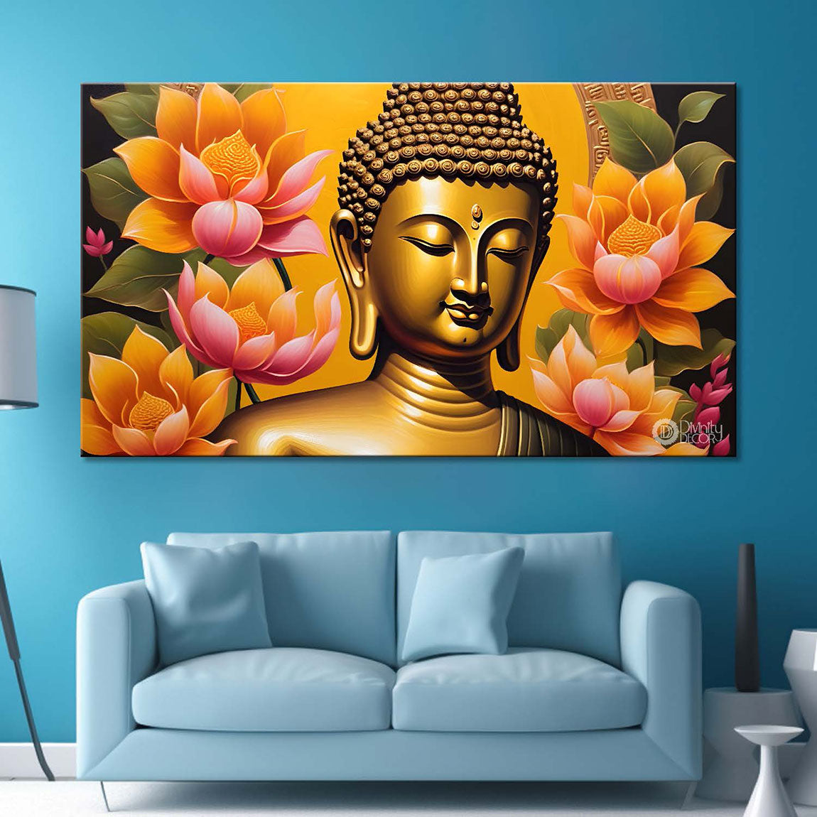Golden buddha with lotus textured painting Canvas Wall Painting - Buddha-27