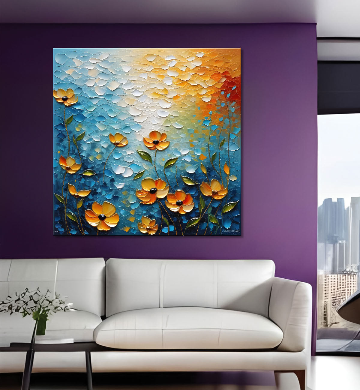 Orange flowers in blue background textured painting Canvas Painting 24X24- Nature Art -S-27