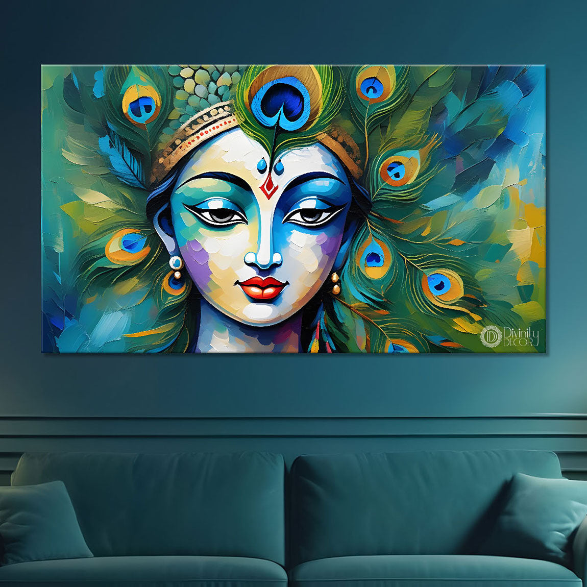Blue face Krishna with peacock feathers painting Canvas Painting - Design - Krishna-28