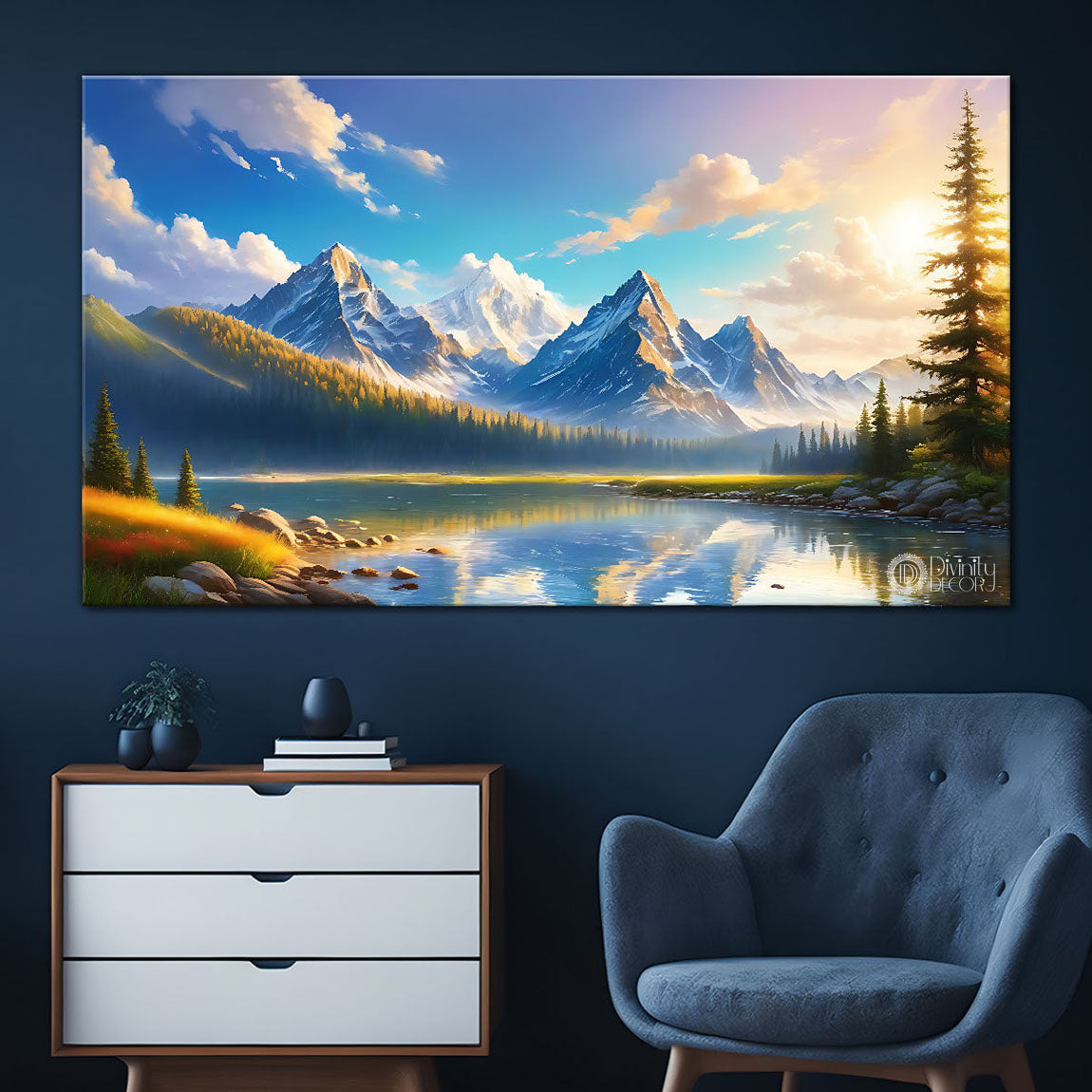 Mountains with cloudy sky and river in textured natural art Canvas Painting - Nature Art -28